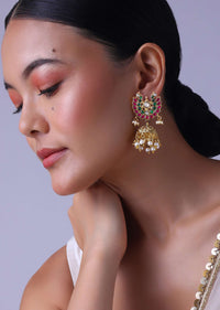 Temple Style Gold Finish Jhumkas With Pearls And Meenakari Work