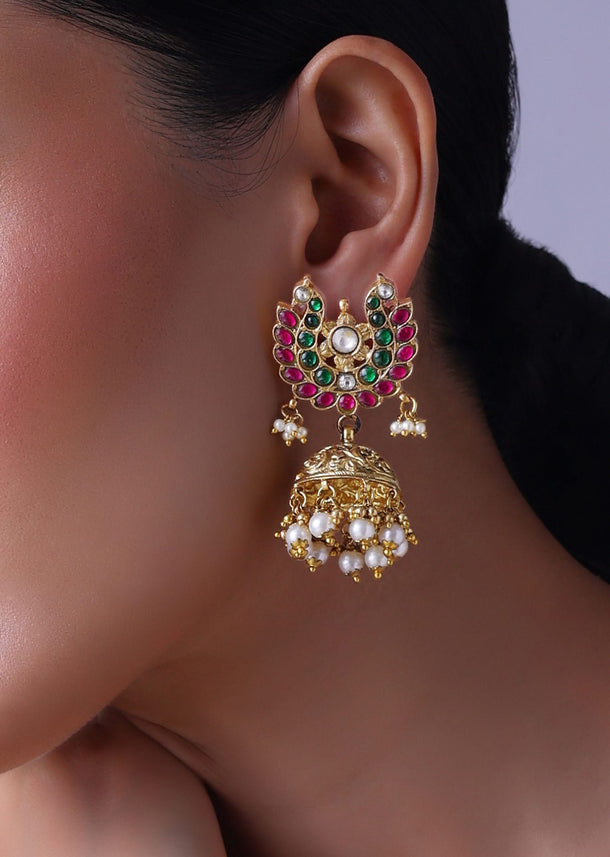 Temple Style Gold Finish Jhumkas With Pearls And Meenakari Work