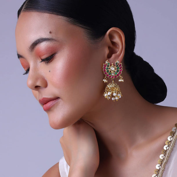 Temple Style Gold Finish Jhumkas With Pearls And Meenakari Work