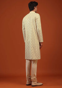Mustard Yellow Silk Kurta Set With Sequin Jaal Work