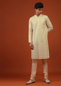 Mustard Yellow Silk Kurta Set With Sequin Jaal Work