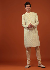 Mustard Yellow Silk Kurta Set With Sequin Jaal Work