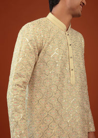 Mustard Yellow Silk Kurta Set With Sequin Jaal Work