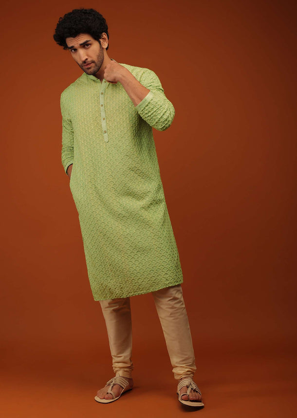 Pear Green Kurta Set In Lucknowi Embroidery.