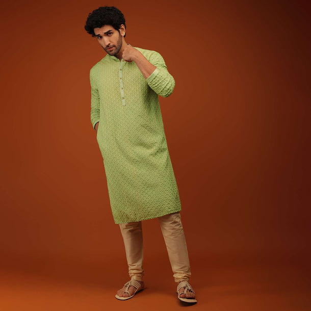 Pear Green Kurta Set In Lucknowi Embroidery.