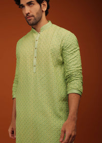 Pear Green Kurta Set In Lucknowi Embroidery.
