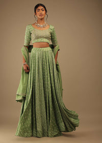 Tendril Green Lehenga With Choli Set In Digital Bandhani Print, Choli Comes In Zari And Sequins Embroidery Buttis