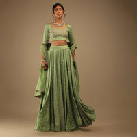 Tendril Green Lehenga With Choli Set In Digital Bandhani Print, Choli Comes In Zari And Sequins Embroidery Buttis