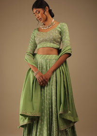 Tendril Green Lehenga With Choli Set In Digital Bandhani Print, Choli Comes In Zari And Sequins Embroidery Buttis