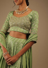 Tendril Green Lehenga With Choli Set In Digital Bandhani Print, Choli Comes In Zari And Sequins Embroidery Buttis