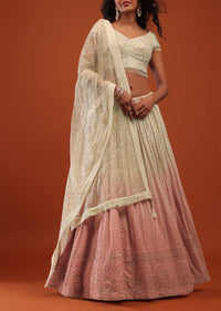 Terra Cotta Pink Ombre Lehenga In Georgette With Embroidery