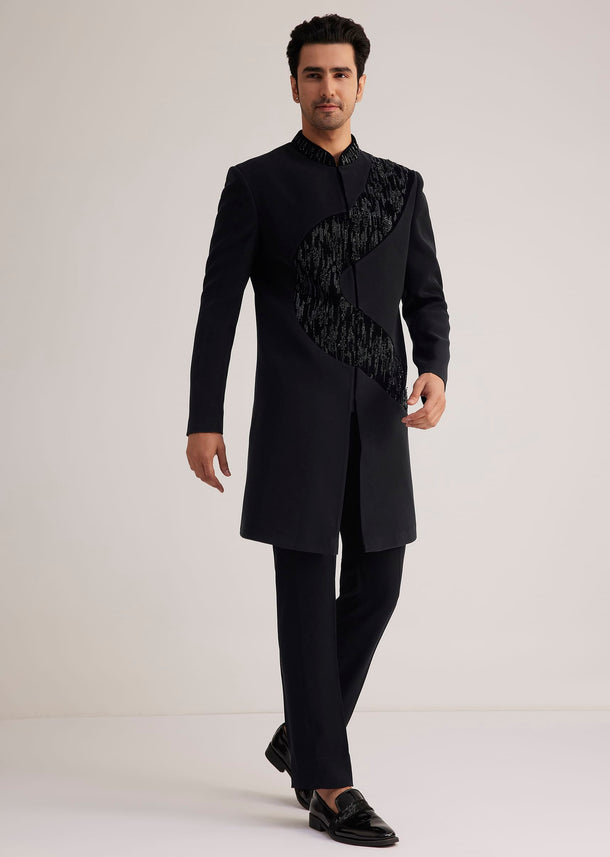 Black Velvet Indowestern Set With Cut Work Embroidery