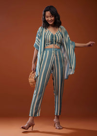 Three-Piece Teal Blue Striped Co-ord Set In Muslin