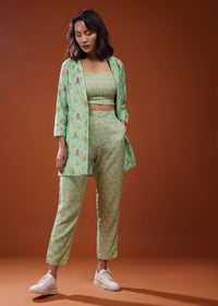Three Piece Mint Green Printed Co-ord Set In Silk