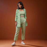 Three Piece Mint Green Printed Co-ord Set In Silk