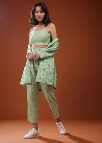 Three Piece Mint Green Printed Co-ord Set In Silk