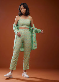 Three Piece Mint Green Printed Co-ord Set In Silk