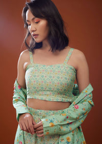 Three Piece Mint Green Printed Co-ord Set In Silk