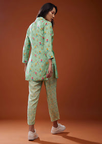 Three Piece Mint Green Printed Co-ord Set In Silk