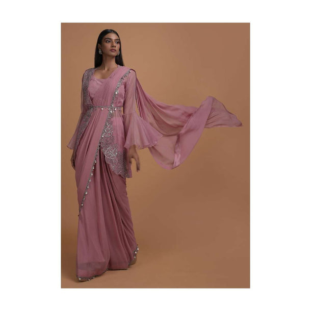 Thulian Pink Ready Pleated Saree Topped With Organza Jacket Having Bell Sleeves Online - Kalki Fashion