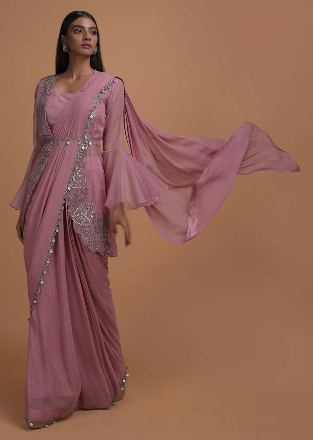 Thulian Pink Ready Pleated Saree Topped With Organza Jacket Having Bell Sleeves Online - Kalki Fashion