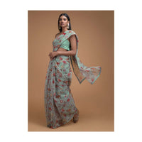 Tiffany Blue Saree In Organza With Floral Print Along With French Knots On The Border Online - Kalki Fashion