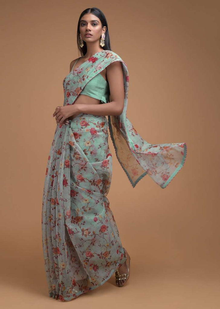 Tiffany Blue Saree In Organza With Floral Print Along With French Knots On The Border Online - Kalki Fashion