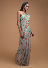 Tiffany Blue Saree In Organza With Floral Print Along With French Knots On The Border Online - Kalki Fashion