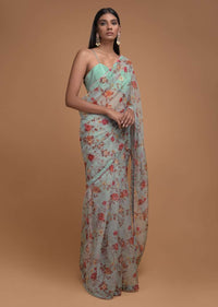 Tiffany Blue Saree In Organza With Floral Print Along With French Knots On The Border Online - Kalki Fashion