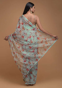 Tiffany Blue Saree In Organza With Floral Print Along With French Knots On The Border Online - Kalki Fashion