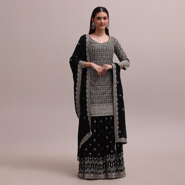Timeless Black Georgette Sequins Kurta And Palazzo Set With A Dupatta