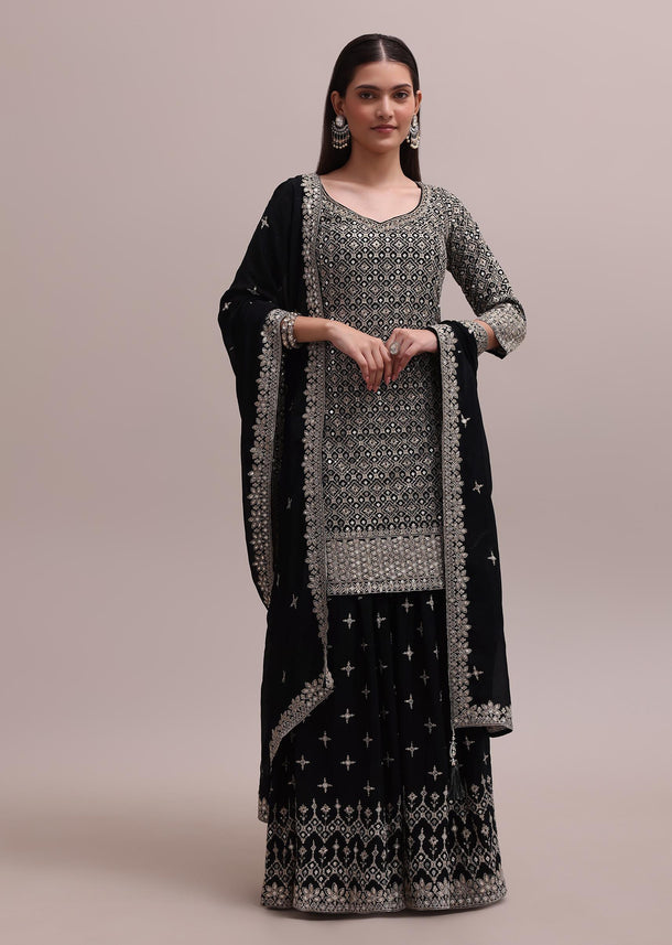 Timeless Black Georgette Sequins Kurta And Palazzo Set With A Dupatta