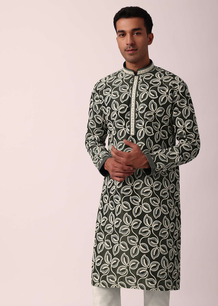 Timeless Bottle Green Silk Kurta Set For Men