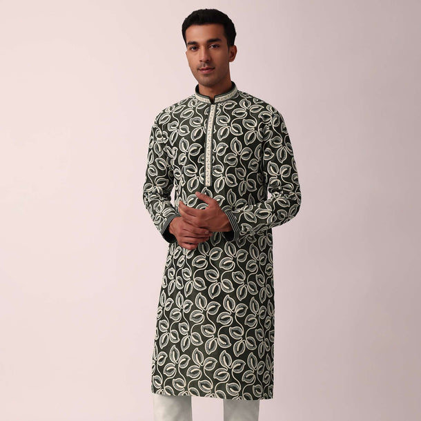 Timeless Bottle Green Silk Kurta Set For Men