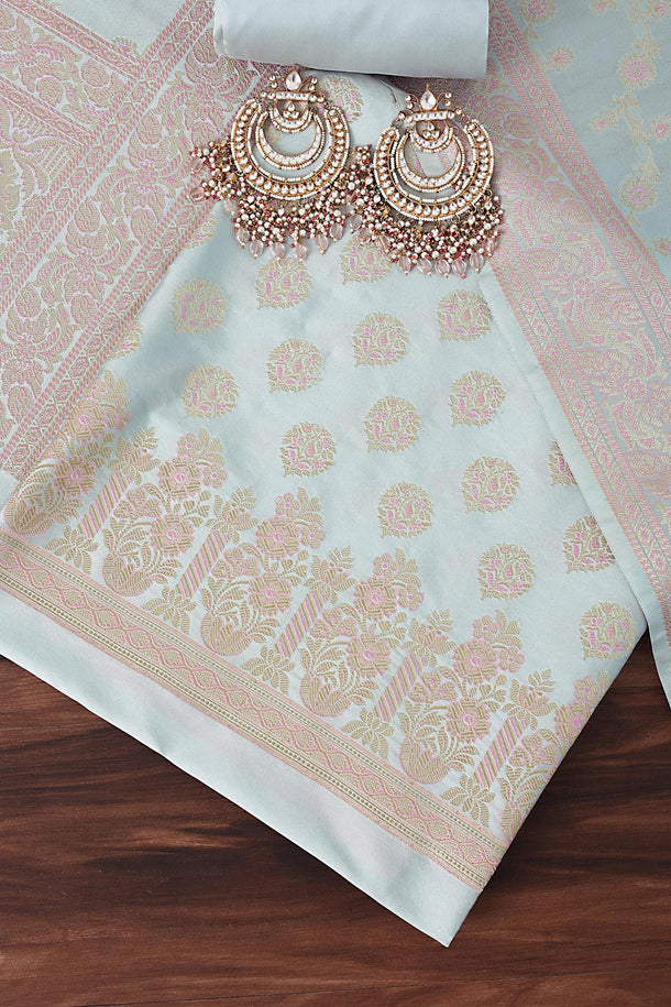 Timeless Grey Glamour Banarasi Silk Woven Dress Material Suit Set With Dupatta