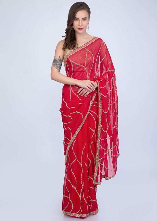 Tomato red georgette saree cut dana abstract embroidery only on Kalki