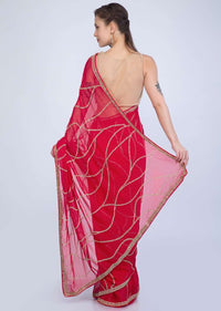 Tomato red georgette saree cut dana abstract embroidery only on Kalki