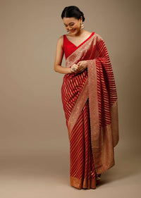 Tomato Red Saree In Georgette With Brocade Woven Diagonal Stripes And Floral Border