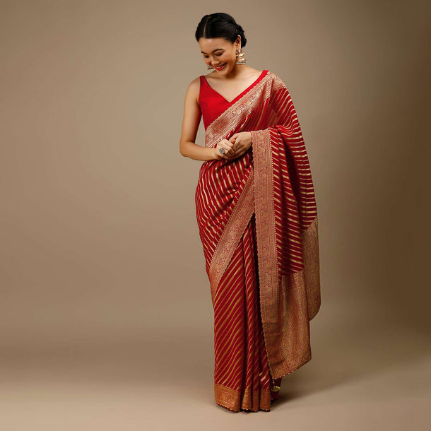 Tomato Red Saree In Georgette With Brocade Woven Diagonal Stripes And Floral Border