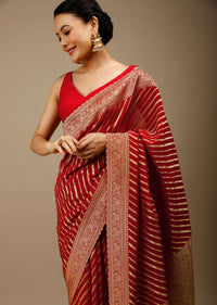 Tomato Red Saree In Georgette With Brocade Woven Diagonal Stripes And Floral Border