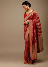 Tomato Red Saree In Georgette With Brocade Woven Diagonal Stripes And Floral Border