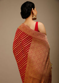 Tomato Red Saree In Georgette With Brocade Woven Diagonal Stripes And Floral Border