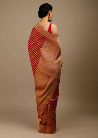 Tomato Red Saree In Georgette With Brocade Woven Diagonal Stripes And Floral Border