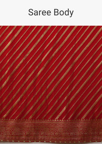 Tomato Red Saree In Georgette With Brocade Woven Diagonal Stripes And Floral Border