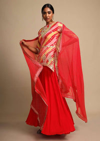 Tomato Red Skirt And Multi Color Lehariya Printed Kurti Adorned With Gotta Patti Work