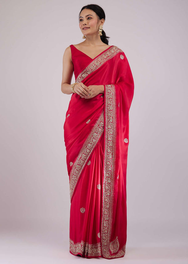 Carmine Red Satin Saree With Embroidery