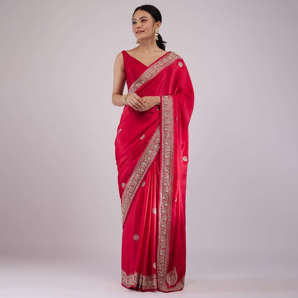 Carmine Red Satin Saree With Embroidery