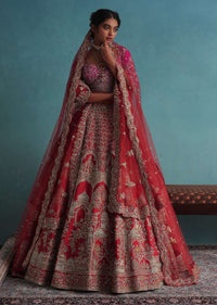 Tomato Red Embroidered 12 Kali Bridal Lehenga In Raw Silk With Cherry Pink Blouse And Veil Dupatta