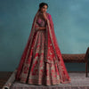 Tomato Red Embroidered 12 Kali Bridal Lehenga In Raw Silk With Cherry Pink Blouse And Veil Dupatta