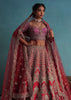 Tomato Red Embroidered 12 Kali Bridal Lehenga In Raw Silk With Cherry Pink Blouse And Veil Dupatta